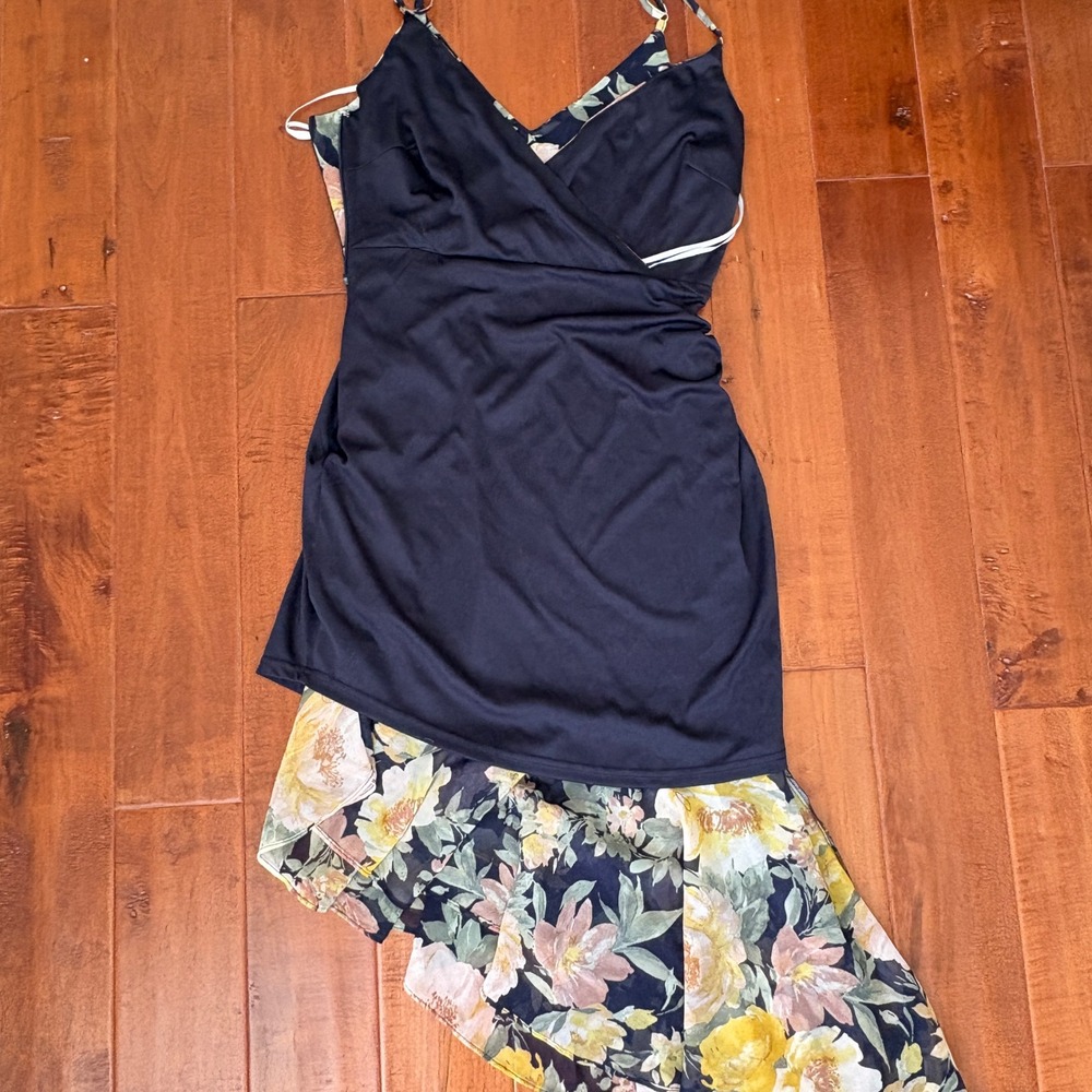 Lulus Floral High-Low Midi Dress Surplice Ruffle, Womens Large Navy Blue - Picture 8 of 11